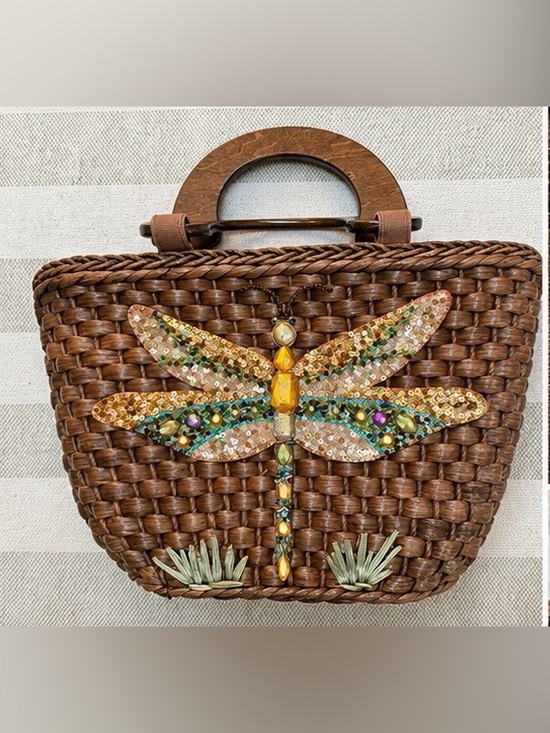 Cappelli Straworld Inc. Handbags - Vintage Cappelli Straworld Beaded Dragonfly Woven Straw Purse Y2K Boho